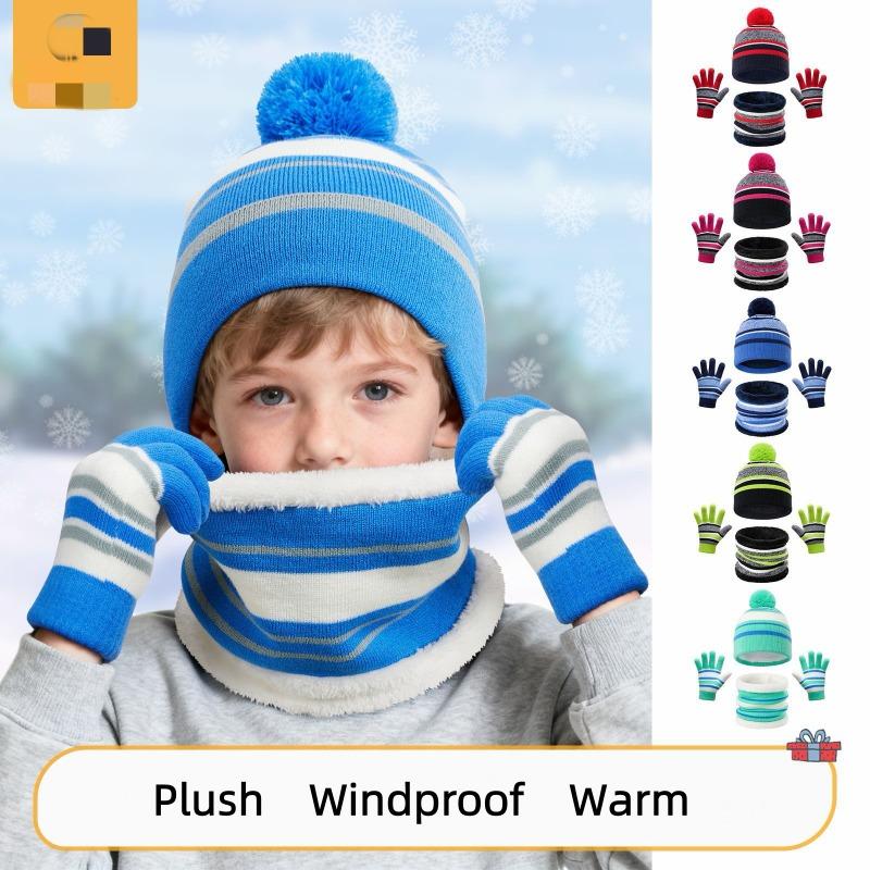 Children's Hat, Scarf, Gloves, Three Piece Set, Boys' and Girls' Winter Thick Warm Striped Knitted Hat Set