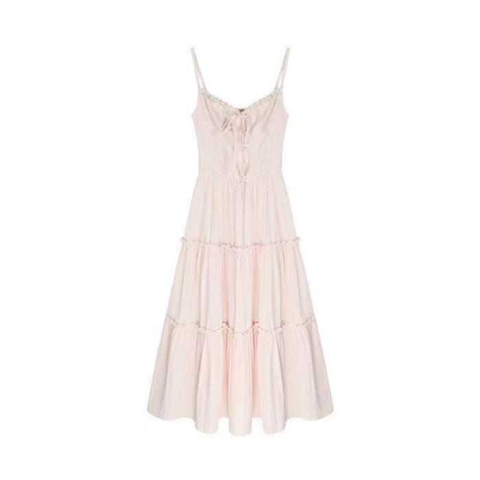 

Figure-Hugging Pink Lace Camisole Summer Dress - French, Sweet, and Elegant Cake-Style Long Dress Extra Large