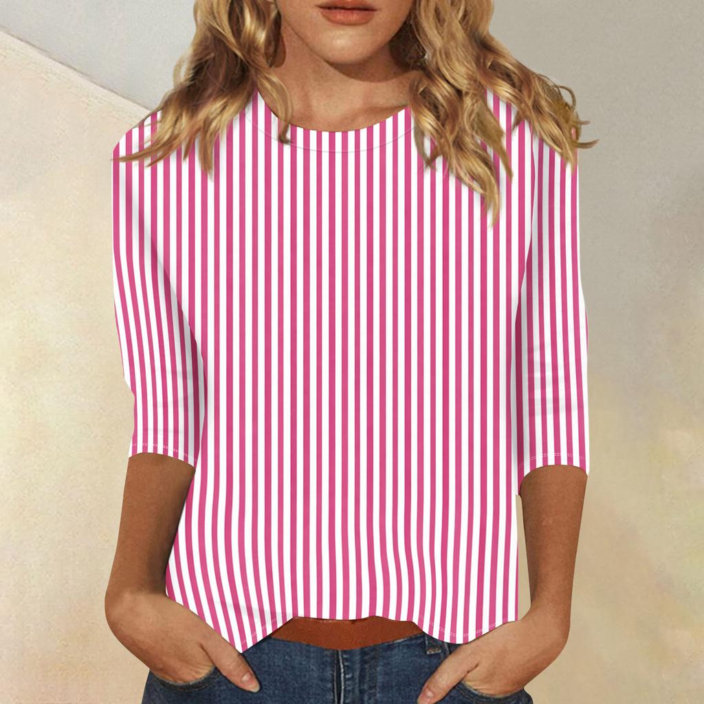 Women's Fashionable Casual Three-Quarter Sleeve Striped Print -Neck T-Shirt Top
