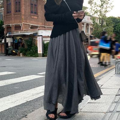 Linen Cotton Summer Elastic Waist Midi Skirt for Women - Elegant Lady Style High-Waist Asymmetric Full Flared Skirt