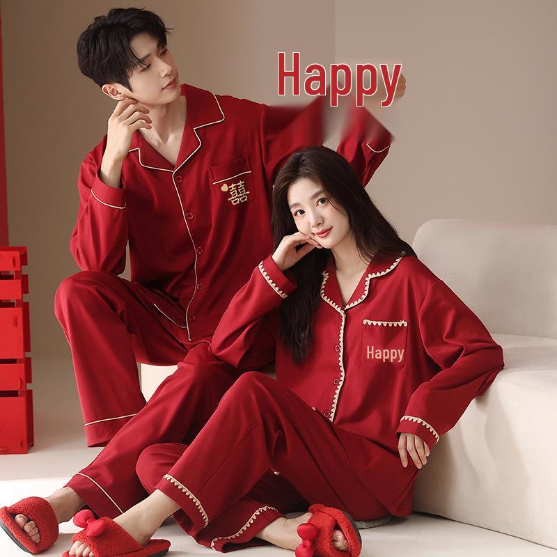 Red Pajamas for Couples - Spring/Autumn 2025 Pure Cotton High-Grade Dowry Festive Homewear for Newlyweds