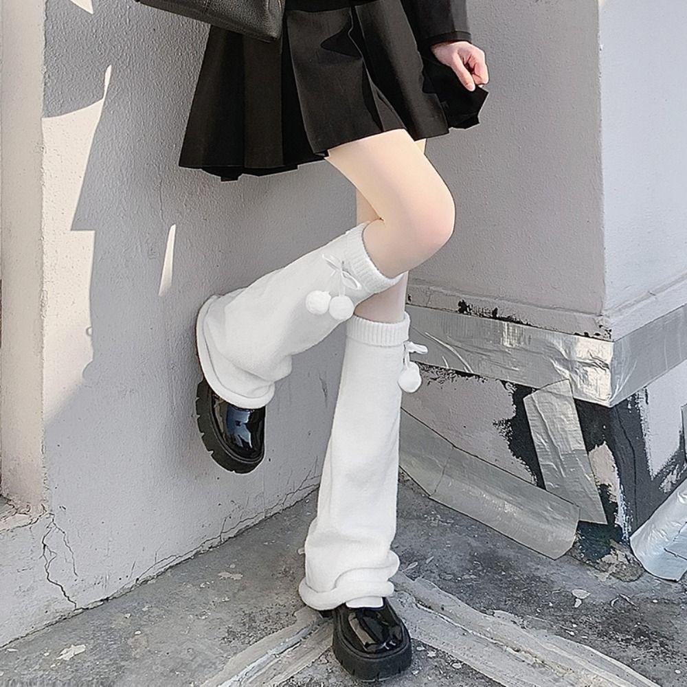 Plush Balls Leg Warmers Women Bowknot Lolita Leg Warmer Trendy Knitted Leg Covers  Girls