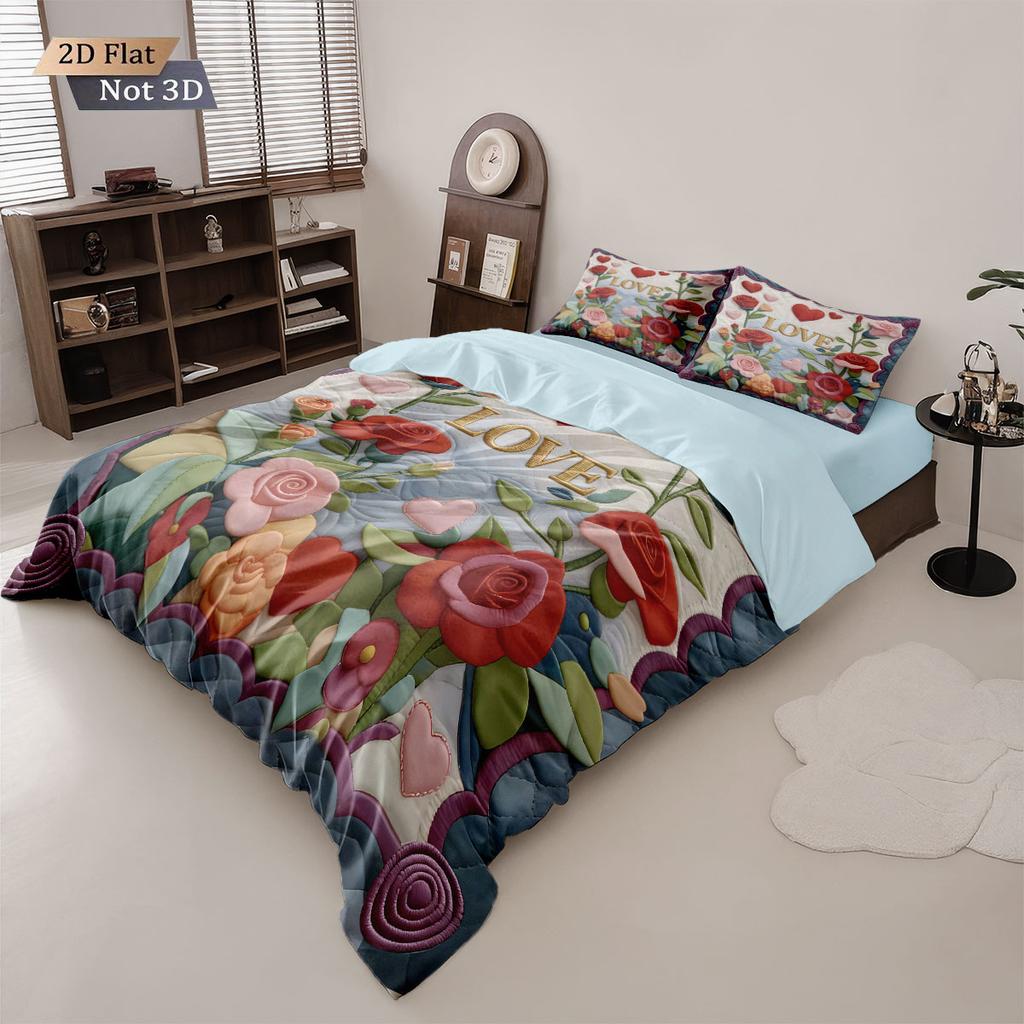 3pcs Valentine's Day beautiful colorful floral print coreless down duvet cover set bedroom bedding decoration machine washable