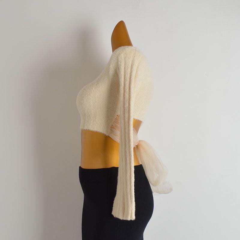 Fall and Winter Mink Velvet Sexy Square Collar Sweater Knitwear Women's Clothing Silm Short Sexy Lace Lace-up Long Sleeve Tops