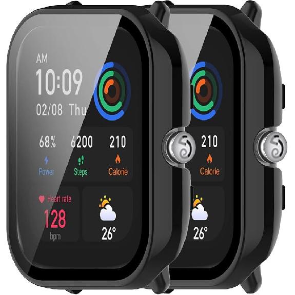E ECSEM 2-Pack Compatible for Amazfit GTS 4 Mini Screen Protector Cover, Tempered Glass Screen + All-Round PC Matte Protector Case Set for Amazfit