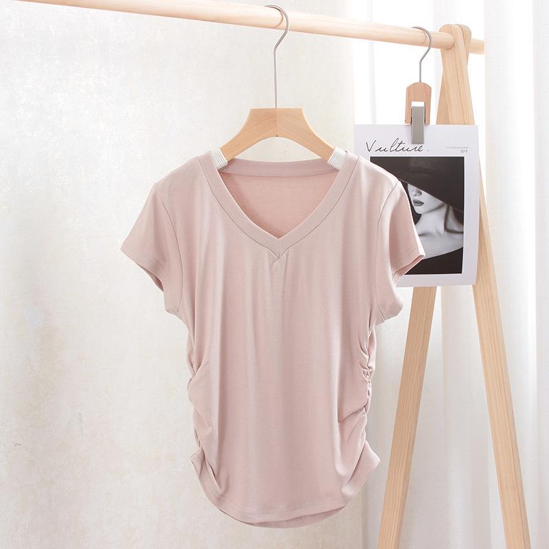 Women's V-Neck Short-Sleeved Pleated Waist Slimming Top