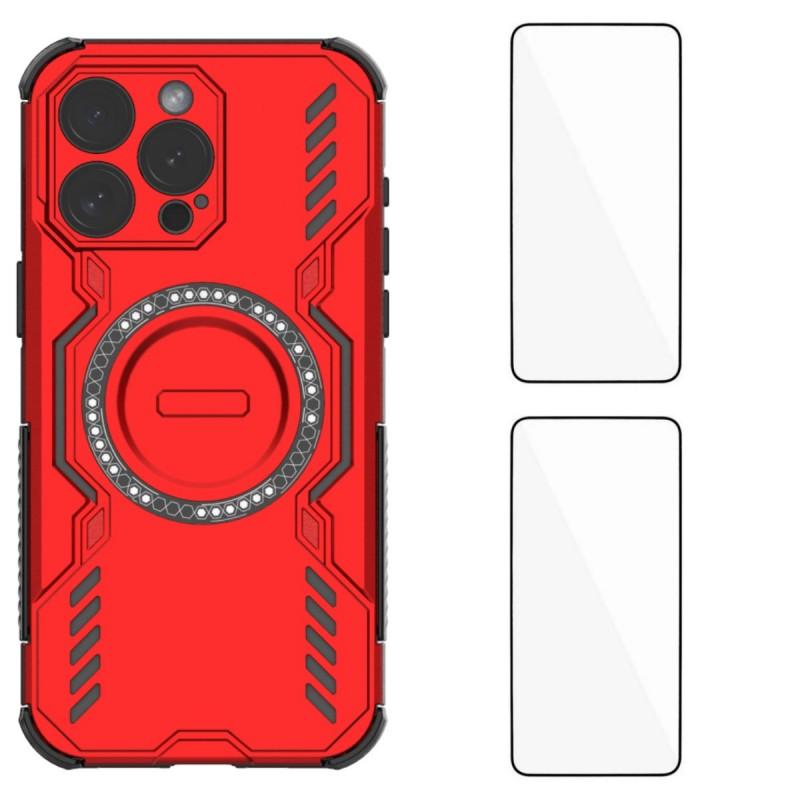 

For iPhone 15 Pro Magnetic Case WANLONFENG DJ Series PC TPU Phone Cover with 2Pcs Tempered Glass Film Red