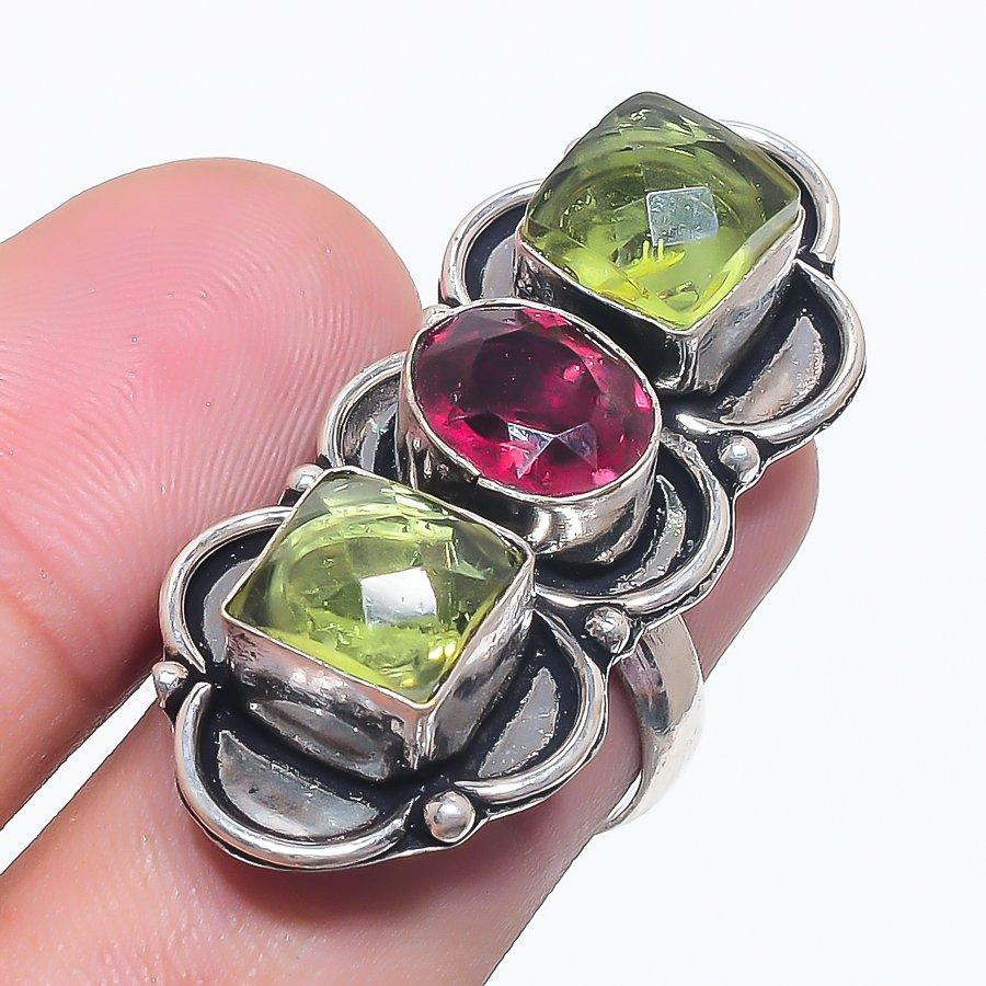 Garnet, Peridot Gemstone 925 Sterling Silver Jewelry Ring Size 6