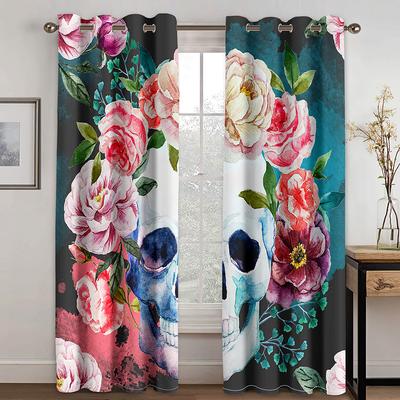 Todeskopf und Blumen Neueste Serie Digital bedruckter Vorhang Wohnzimmer Schlafzimmer 90g Polyester Vorhangstoff zwei Paneele