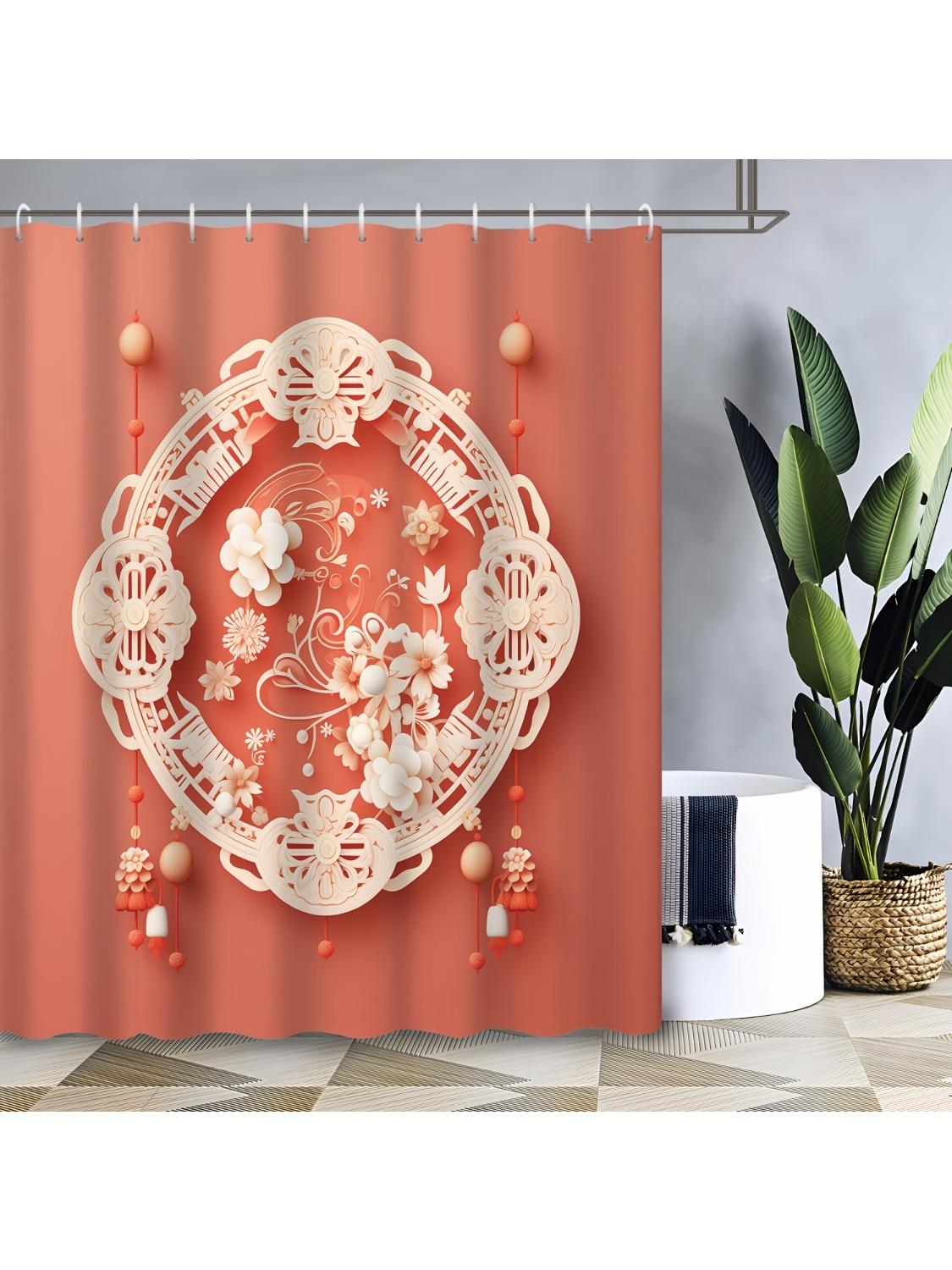 

Red Chinese New Year Paper Cut & Knot Shower Curtain with 12 Hooks - Festive Floral Bath Decor W90xH180cm
