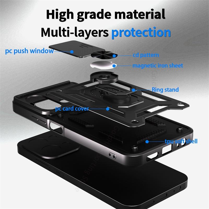 Armor Shockrpoof Hybrid Heavy Duty Phone Case For Xiaomi Redmi 15C 14C 13C Magnetic Ring Holder Stand Slide Lens Cover Redmi Note 14 12 13 15 Pro Plus