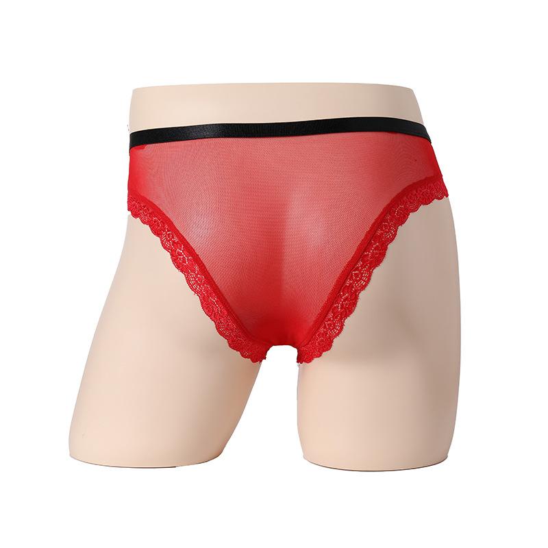 Men Sexy Front Hole Briefs Lace Mesh See Through Crossdresser Underwear Peni Hollow Sissy Low Rise Male Bulge Enhancing Lingerie