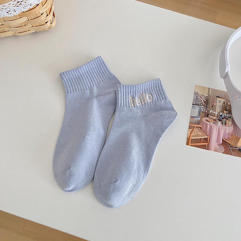 Women's Spring and Summer Embroidered Letter Solid Color Cotton Sweet and Versatile Short Socks