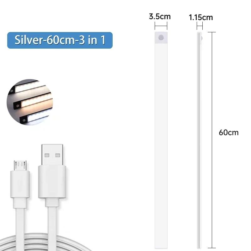 10-60cm Motion Sensor Under Cabinet Lights Wireless LED Night Light USB Rechargeable Ultra Thin Indoor Closet Kitchen Lighting