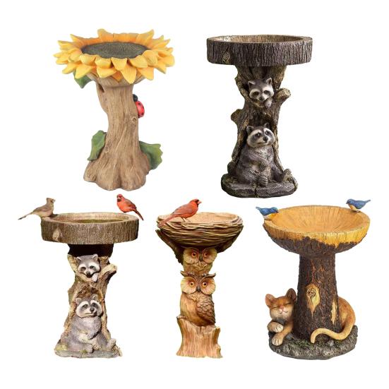 Garden Bird Bath Bowl Outdoor Raccoon/Sunflower/Cat/Owl Statue Resin Tree Stump Bird Feeder Fountains for Backyard Patio Lawn Decor