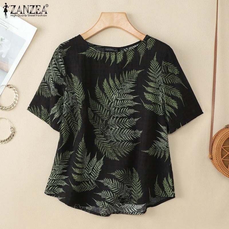 ZANZEA Women Casual Round Neck Summer Short Sleeve Print Blouse