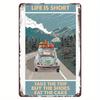 Vintage Metal Wall Signage "Life Is Short, Go Travel" - Vintage Travel Quote Decor with Scenic Mountain And Road Trip Art