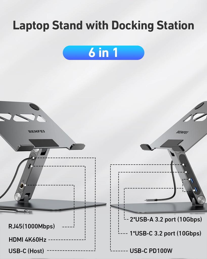 BENFEI Laptop Stand USB C 6in1 Docking HDMI Gigabit 100W Power 10Gbps C and A Compatible with MacBook iPad Thinkpad Station, 4K@60Hz, Ethernet,
