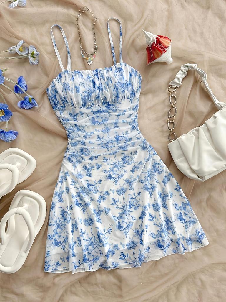 Abito con Spalline Sottili e Stampa Floreale Primavera/Estate 2025: Stile Vacanza Sexy a Vita Stretta per Donne