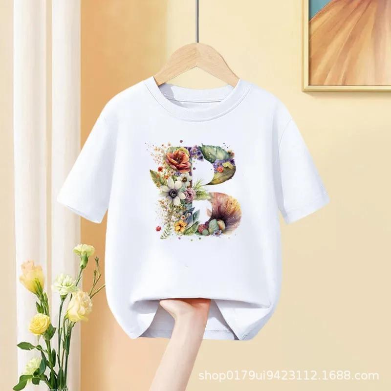 Floral AZ Kids Tshirt 26 Letters Cute ABCD Cartoon Short Sleeve Tee for Girls Summer Fashion Polyester Fabric