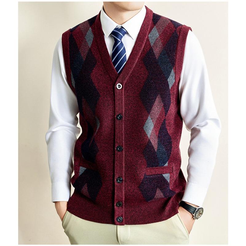 Vestă Tricotată pentru Bărbați Toamnă Iarnă Cardigan fără Mâneci pentru Vârstnici Model în Carouri