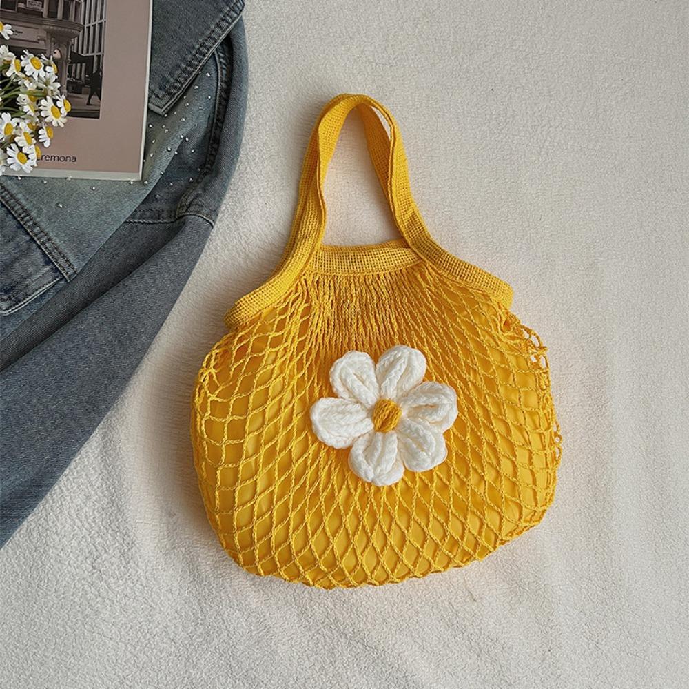 Summer Woven Handbag Flower Nylon Mesh Tote Bag Trendy Hollow Out Weave Bag  Picnic жёлтый