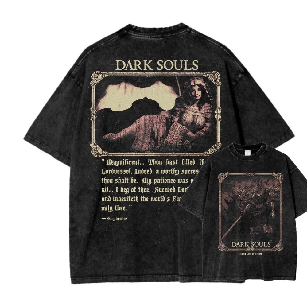WangZY Clothing Dark Souls Artorias de Afgrondloper Dubbelzijdige Grafische T-shirt, Vintage Gewassen Oversized Tee, Unisex Donkere Metal Stijl Game Streetwear Top S zwart