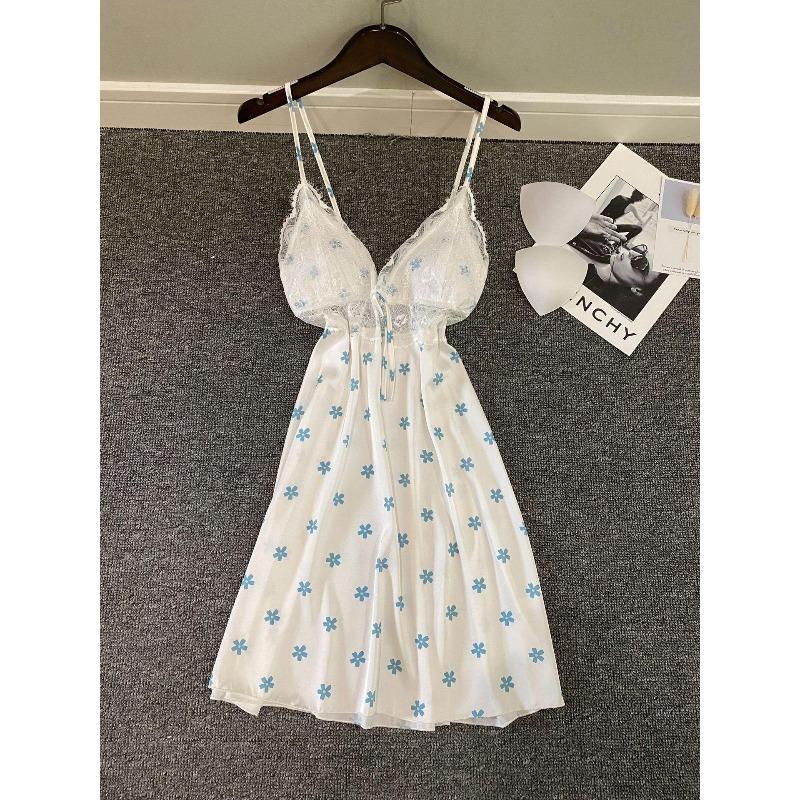 Nouvelle robe de nuit sexy pour femmes avec coussinets de poitrine bretelles soie glacée pyjama imprimé pyjama désir pur été XL