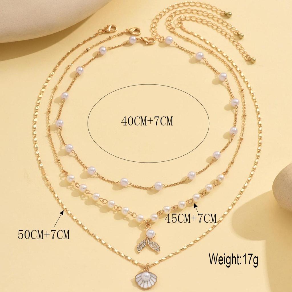 European and American Multi-Layer Imitation Pearl Necklace with Shell Fishtail Zinc Alloy Pendant