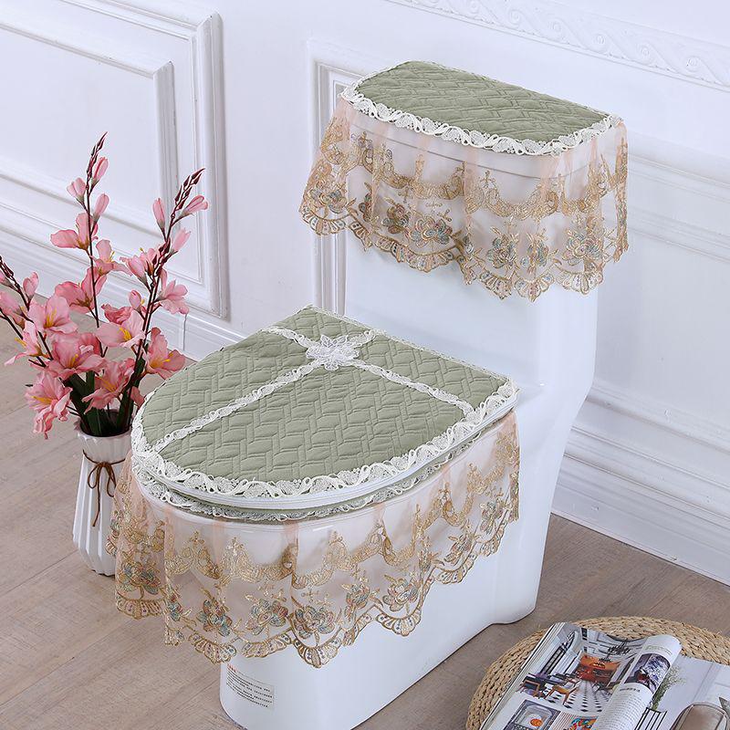 Universal European Style Double-Sided Toilet Seat Cover Set with Zippered Lace Fabric - All Seasons, Three-Piece Set.