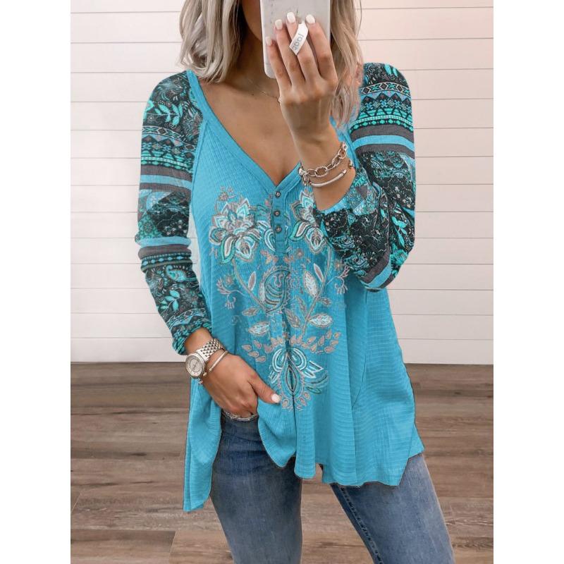 Frühling und Herbst Damen V-Ausschnitt Pullover Bedrucktes Langarm Lose Oberteil