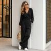 Lässiges Damen-Outfit, Damen-Langarm-2-Teiler-Sets, Oberteil mit unregelmäßigem Saum und V-Ausschnitt, Anzug aus Polyesterfaser und passende Wide-Leg-Hosen für Reise und Urlaub