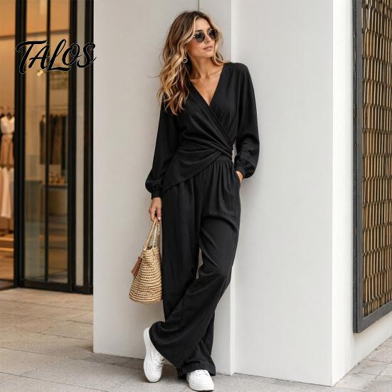 Lässiges Damen-Outfit, Damen-Langarm-2-Teiler-Sets, Oberteil mit unregelmäßigem Saum und V-Ausschnitt, Anzug aus Polyesterfaser und passende Wide-Leg-Hosen für Reise und Urlaub