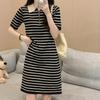 Dress women's striped polo collar ice silk knitted T-shirt summer loose and thin casual temperament age-reducing short skirt