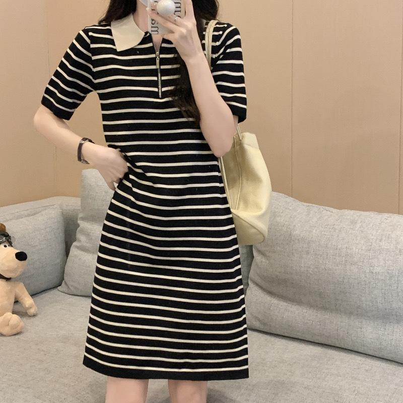 Dress women's striped polo collar ice silk knitted T-shirt summer loose and thin casual temperament age-reducing short skirt