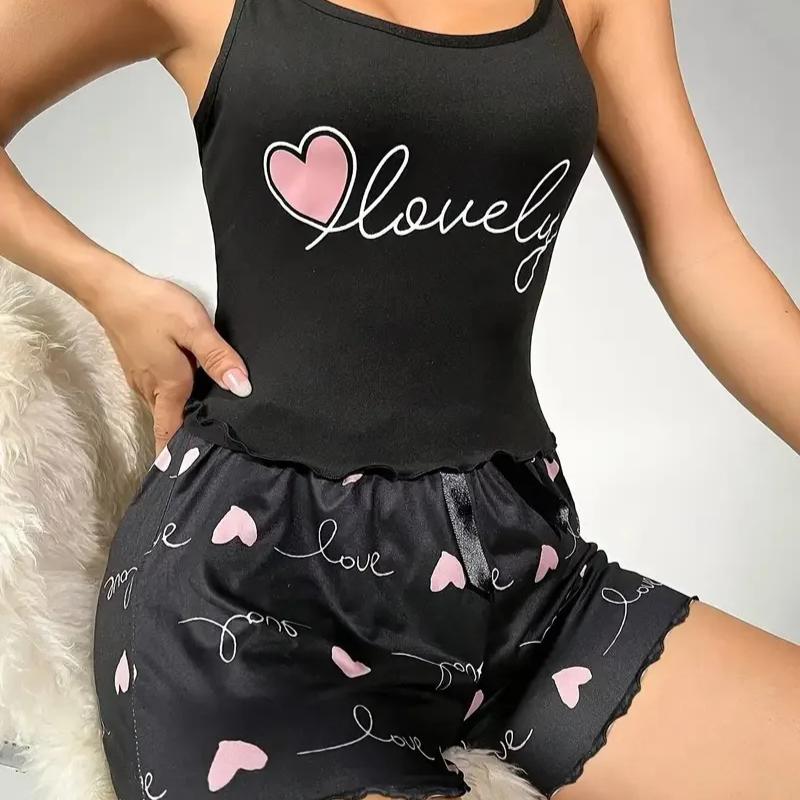 Damen Milchseide Pyjama Set Bedrucktes Camisole und Shorts Zweiteiliges Sommer Komfort Homewear Sexy Loungewear Outfit