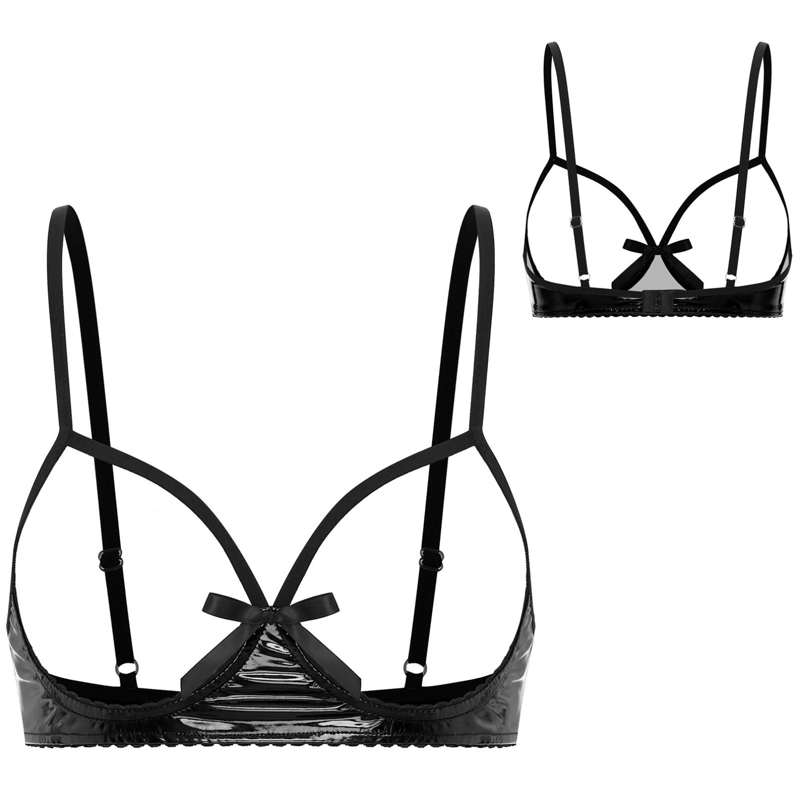 

Женский кожаный сексуальный бюстгальтер для нижнего белья, топы с открытыми сосками, бюстгальтер без подкладки, верхняя одежда для сна S чёрный