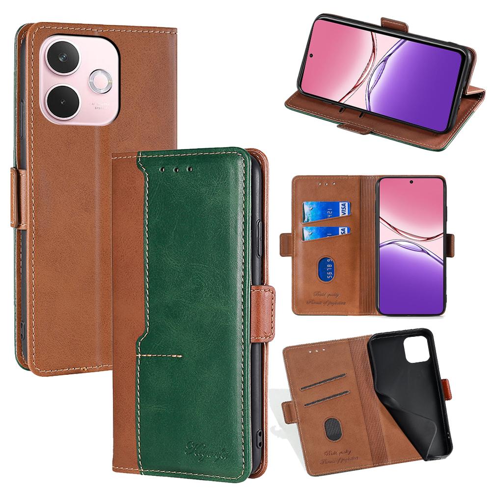 

For Oppo A5 Pro 4G (Global)/5G (Global)/A5 Energy 5G (China) Case Contrast Color Wallet Leather Phone Cover Light Brown+Green