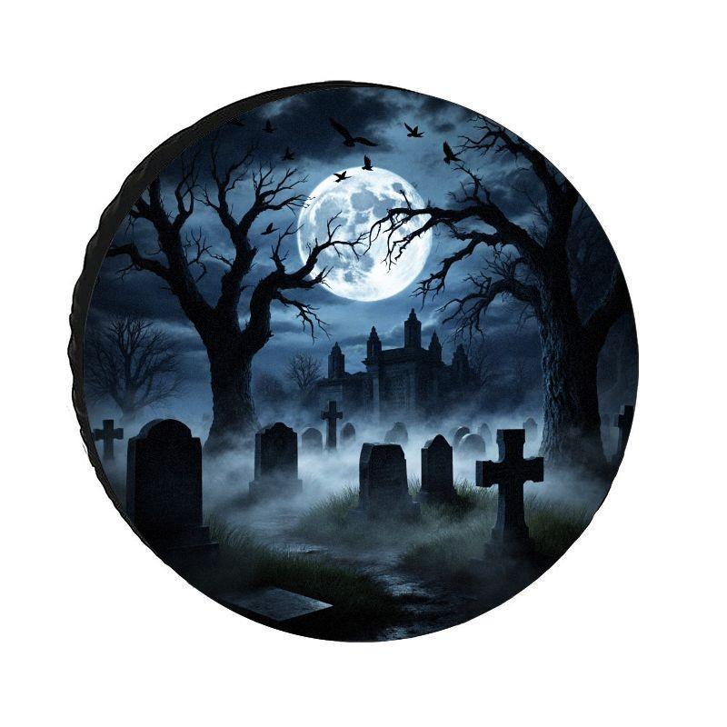 Spooky Graveyard Full Moon Tire Cover Durable Waterproof Polyester Spare Wheel Protector