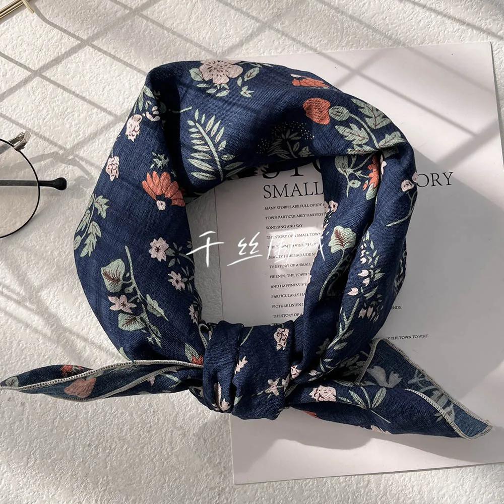 Silk Scarf Small Square Women'S Cotton And Linen Fresh Small Floral Encrypted Decorative Retro Headband Korean Version Exquisite