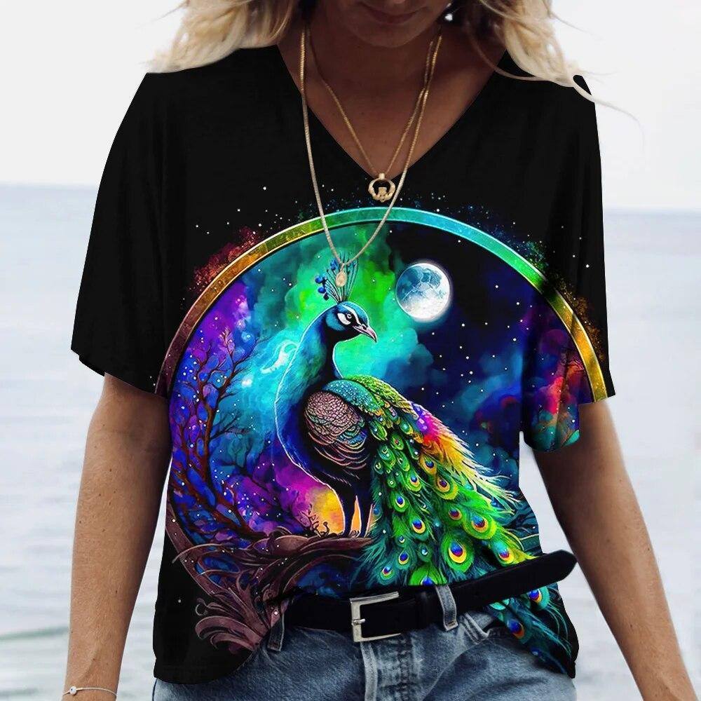 Women's V-Neck T-Shirt Peacock 3D Print Casual Fashion Summer Pullover Short Sleeve Harajuku Oversized Tops Tees For Ladies
