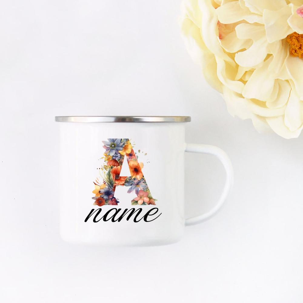 Personalisierte Blumige Initialen Namensbecher Benutzerdefinierter Name Tee Kaffee Heiße Schokolade Tasse Braut Brautjungfer Muttertag Geschenk für Sie