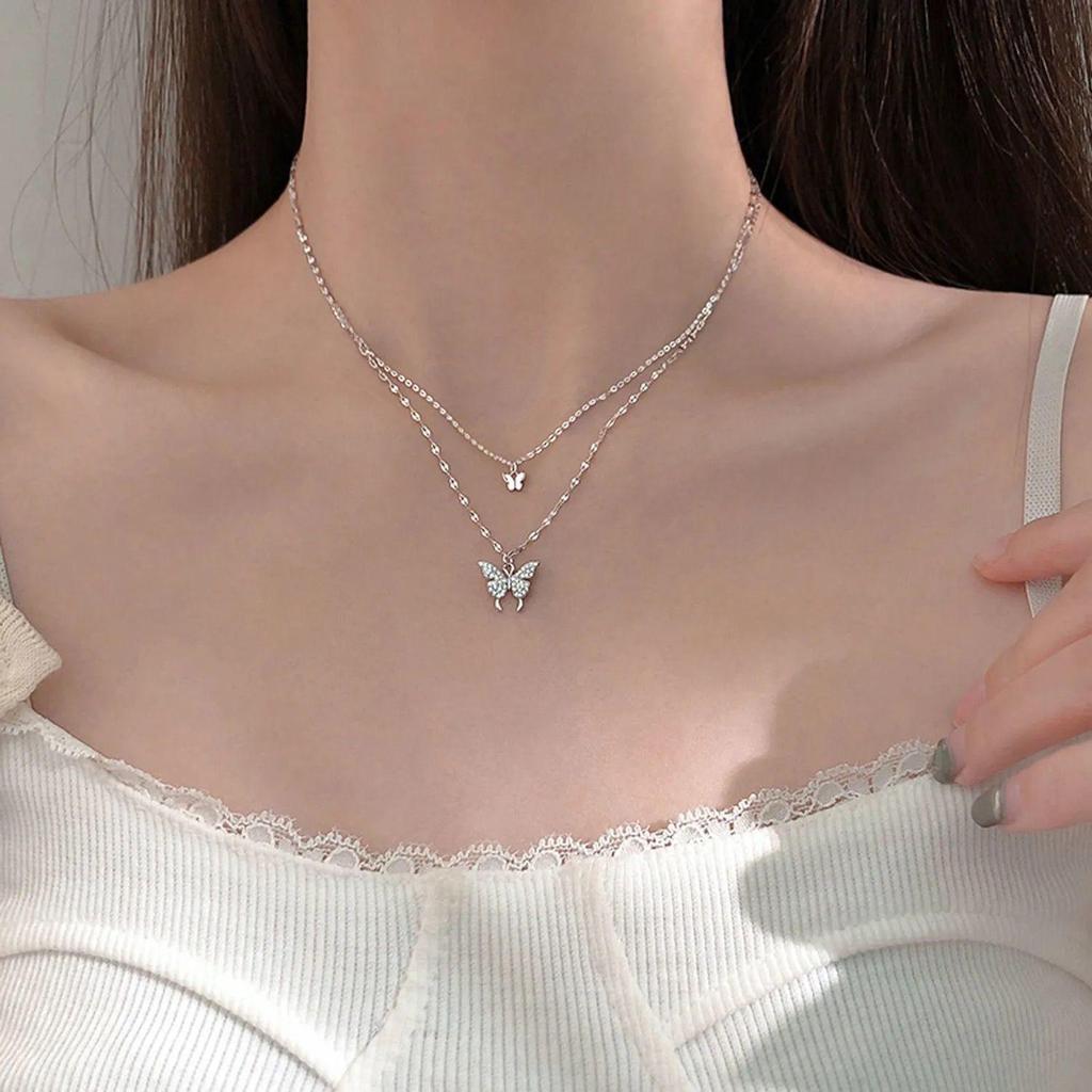 Sparkling Double-Layer Butterfly Necklace - 2021 Trendy Korean Choker with Cool Style Clavicle Chain