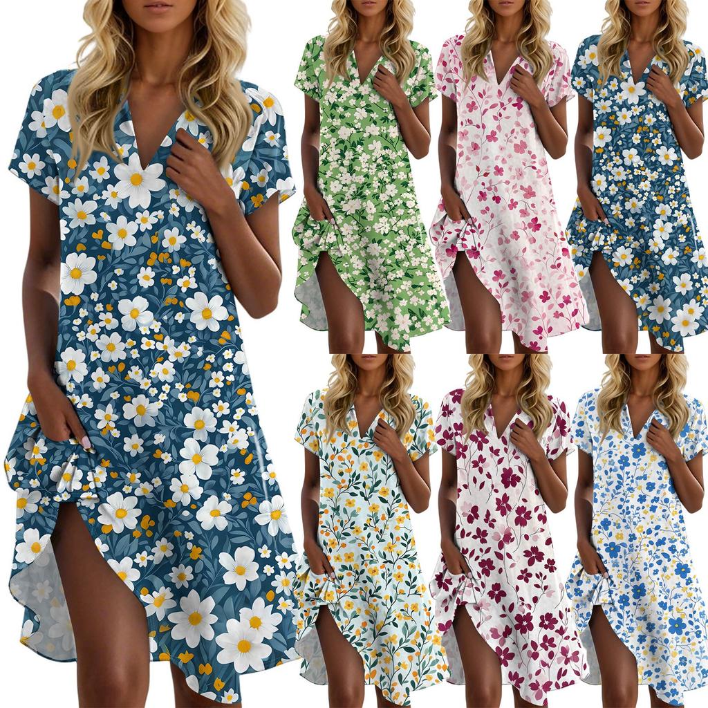 Women's Casual Fashion Lapel Floral Print Dress Short Sleeve V Neck Short Skirt