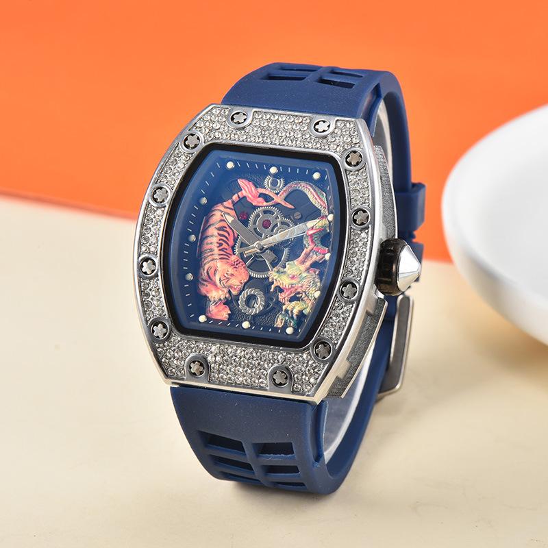 Men's Trendy Barrel-Shaped Full Diamond Quartz Watch with Calendar