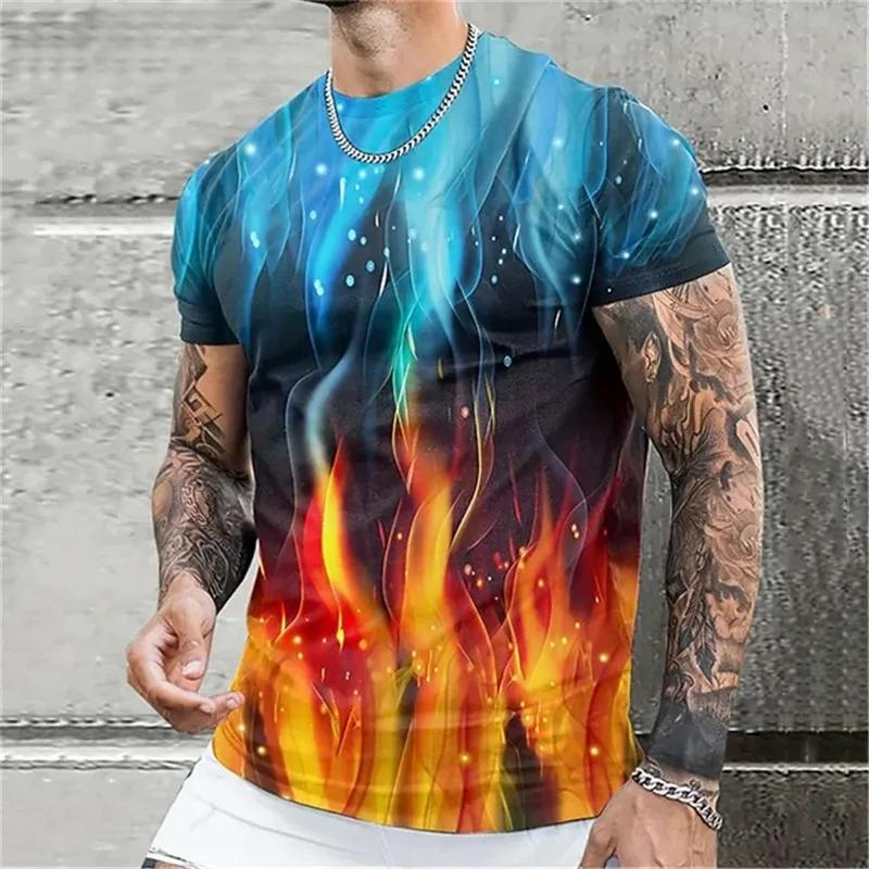 Summer Round Neck 3D Colorful Flame Graphic Print Top Fashionable Casual Short Sleeved Men's T-shirts