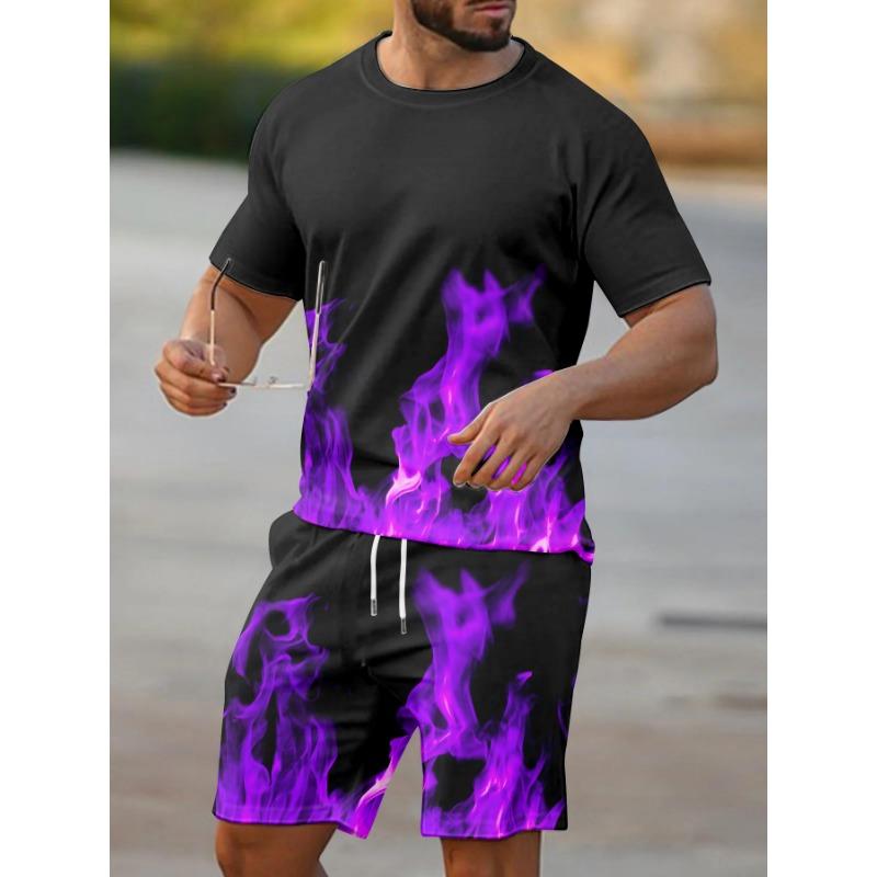 2026 New Summer Men's Casual Loose-Fit Set Two-Piece Set with Oversized Letter Print Round-Neck Short-Sleeve Top and Shorts