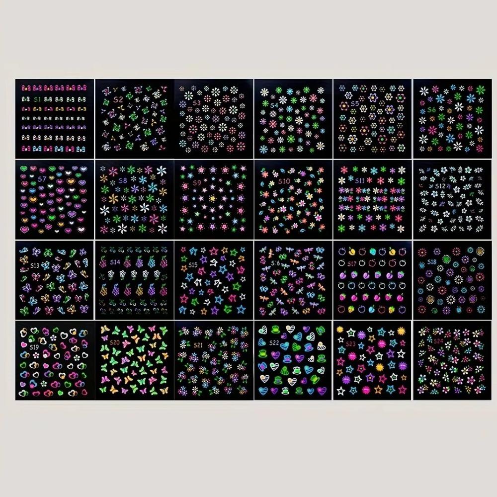 30/60Sheets 3D Glow In The Dark Neon Nail Stickers Nail Art Decorations Glittery Glossy Self-Adhesive with Butterfly Love Heart
