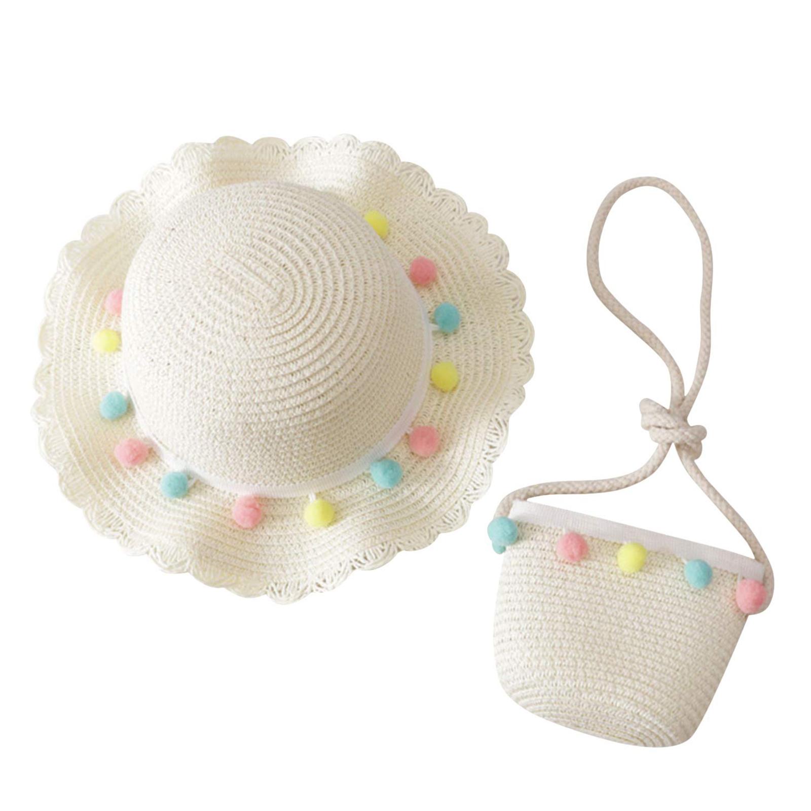 

Baby Girls Straw Hat Summer Sunscreen Wide Brim Cute Colored Pompom Balls Sun Hat With Shoulder Bag Beach Cap For Gifts A hat+bag#1