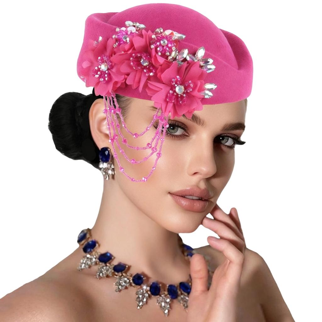 Retro British Hat for Women 3D Floral Rhinestone Decorated Beret Cap Cosplay Costume Accessories